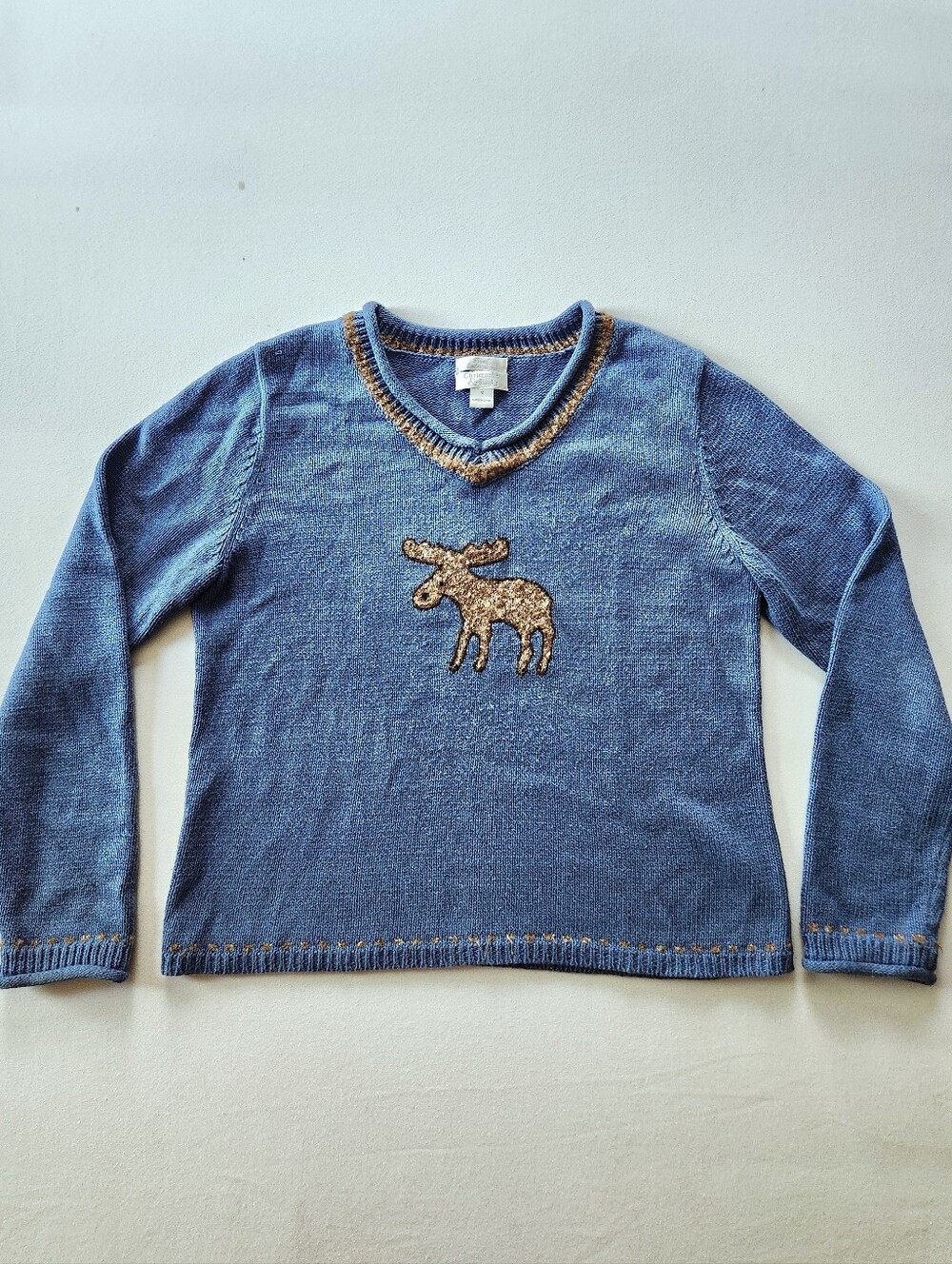 Y2K Cabincore Cottagecore Hand Embroidered Moose Knit Sweater Size M